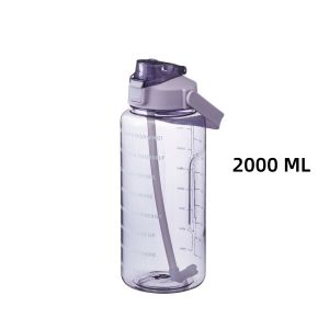 2L Water Bottle With Time Marker & Straw Large Capacity Sports Fitness Large Tumbler Summer For Kids Girls School Office