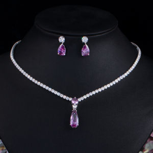 SEQUITO Gorgeous Bridal Silver Plated Paved Setting Red AAAAA Cubic Zircon Jewelry Long Waterdrop Pendant Necklace Earrings Set for Wedding Party SJ326