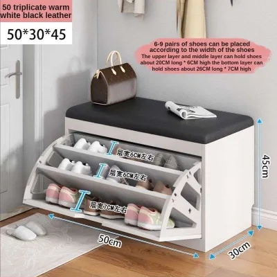 White Shoe Bench Shoe Rack Cabinet With Seat Household Entrance PU Leather Flip Door Shoe Changing Stool