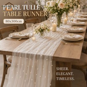 White Sheer Table Runner with Pearl 80x300cm Chiffon Tulle Gauze Mesh Wedding Party Table Decor