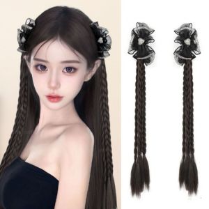 JON09 2Pcs Ballet Style Black Bowknot Ponytail Boxing Braided Double Ponytail Pony Tail Hairpiece Trendy Gentle Twist Braid Wig for Women