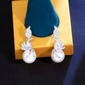 SEQUITO Luxury Brides Ear Jewelry White Gold Plated Micro Pave Sparkling AAA Cubic Zirconia Wedding Party Symmetric Pearl Long Drop Earrings SE892