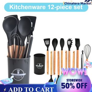 12-Piece Wooden Handle Kitchen Utensil Set Heat-Resistant Serveware for Cooking and Food Presentation