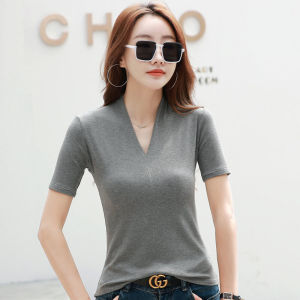 2025Womens Short Sleeve T-Shirt V-Neck Tee Slim Elastic Blouse8/27