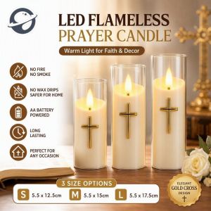 LED Flameless Prayer Candle Gold Cross Glass Sleeve AA Battery Powered Altar Church Home Decor