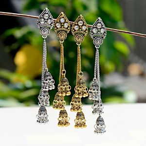 Gold Sliver Color Boho Ethnic Big Bells Indian Jhumka Long Tassel Drop Earrings For Women Meenakari boucle doreille femme 2020