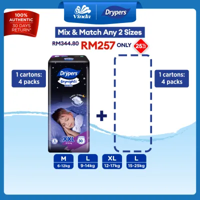Drypers Drynights Pants Baby Diapers M30s/ L30s/ XL30s/ XXL30s (8 Packs) - Overnight Protection