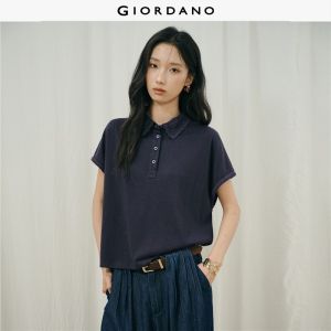 Giordano Women Crochet collar short sleeve polo shirt Free Shipping 18316603