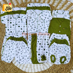18 Pcs SNI Paket Lahiran Lengkap Baju Bayi Celana Bayi Baru Lahir Baby NewBorn Gift Set seri Hijau Olive-Juragan Lebak