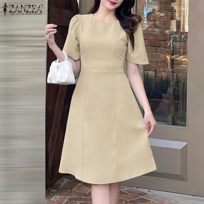 ZANZEA Korean Style Women New Fashion Raglan Sleeve Dresses Crew Neck  A-Line Party Solid Midi Dress #0324