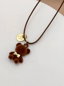 Elegant Charm Lovely Brown Bear Pendant Necklace Featuring Flocjing and Rope Materials Accessory for Women
