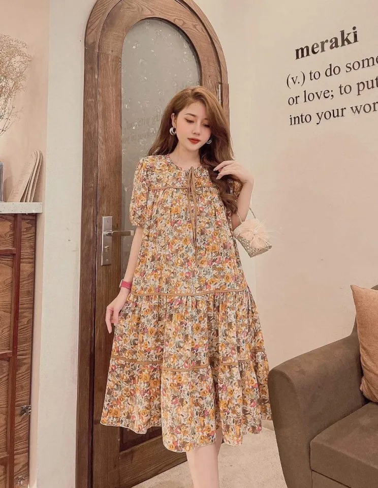 Mua Váy Bầu Tết Hoa Nhí Tay Bồng Dáng Suông Xòe Đầm Bầu Cộc Tay Công Sở Đi  Tiệc HD2841 Honey Mommy - Yeep