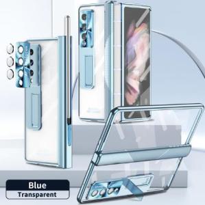 [With Lens Pritection+Bracket] FLOVEME Magnetic Transparent Hinge Phone Case For Samsung Galaxy Z Fold 5 Fold 4 Fold 3 5G Tempered Glass With Stand Clear Plating Hard PC Protection Back Cover For Galaxy Z Fold 5 Fold 4 Fold 3