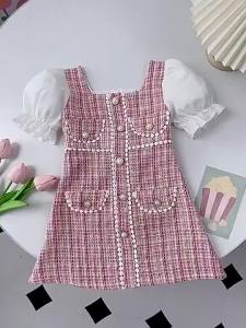 Girls Pearl Plaid Button Kids Dress Small Fragrant Bubble Sleeved Princess dress for kids girls