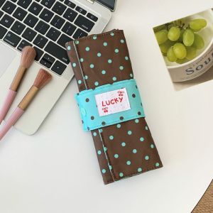 YOUYO Portable Polka Dot Makeup Brush Bag Foldable Canvas Cosmetic Tools Storage Roll Stylish Independent Slots Multipurpose Penbag Women