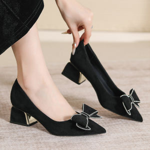 Black Suede Pointed Heels 2 Inch Formal/Party Shoes Bow & Rhinestone Detail Comfy Evening Wear