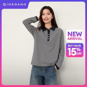 Giordano Beau Monde Women Striped contrast placket long sleeve polo shirt Free Shipping 13316614