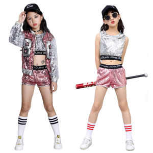 4 ชิ้น / 2 ชิ้นสาว Jazz Street Dance ชุดเต้นรำที่ทันสมัยแฟชั่นเด็กแวววาวสีชมพูทองเลื่อมตัดกางเกงขาสั้นแจ็คเก็ตเด็กสตรีทแดนเซ็นท์ 4-14 ปี