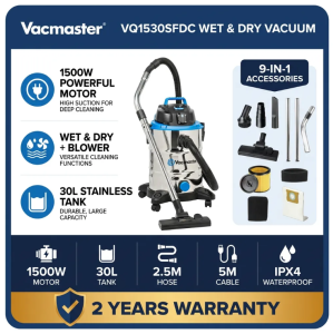 Vacmaster VQ1530SFDC 1500W 30L Wet & Dry Vacuum – Pinakamalakas na Suction pang-Baha & Malalaking Debris | Water Drain Opening Stainless Steel Tank