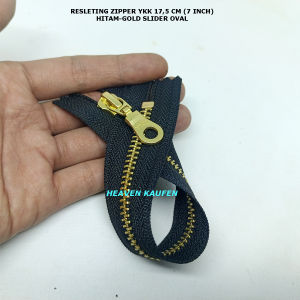 Resleting Zipper YKK 175 cm Atau 7 inch Type Gigi Besi Hitam - Gold Emas Slider Model Oval Set Close End Harga Per Biji