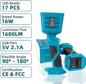 16W Cordless LED Flashlight for Makita 18V 1600LM USB Charger for Camping Fishing Car Repair Job Site Emergency (No Battery Included)