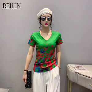 REHIN Áo Thun Ngắn Tay Cổ Tròn Họa Tiết Độc Đáo Với Kim Cương Thời Trang Cho Nữ Áo Cánh S-3XL Thanh Lịch Mỏng Co Giãn