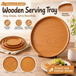 Round Plastic Serving Tray Imitation Wood Grain Tea Coffee Fruit Dessert Plate With Raised Rim
