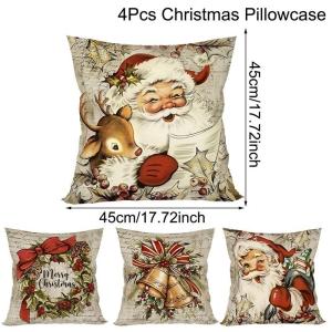 【New】4PCS Vintage Luxury Christmas Cushion Cover Set 45×45cm - Elegant Red Gold Santa Reindeer Snowman & Christmas Tree Pillow Covers with Hidden Zipper for Sofa Couch Home Winter Holiday Decor Xmas Decorations