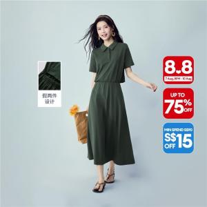 Giordano Women Cotton fake two-piece french terry polo dress Free Shipping 05466458