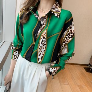 Tianshun Hot Selling Green Shirt Leopard Print Design Korean Fashion Summer Chiffon OL Work Dress Casual Shirt Womens Long Sleeve Top