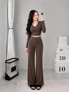 Set áo croptop cổ tim tay dài kèm quần dài ống rộng KVYBODY S46 chất thun cotton borip lụa dày mịn co giãn