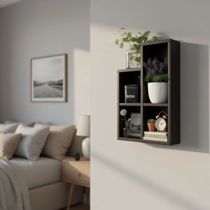 Rak Dinding Minimalis 4 Sekat – Rak Pajangan Estetik Serbaguna untuk Kamar & Ruang Tamu