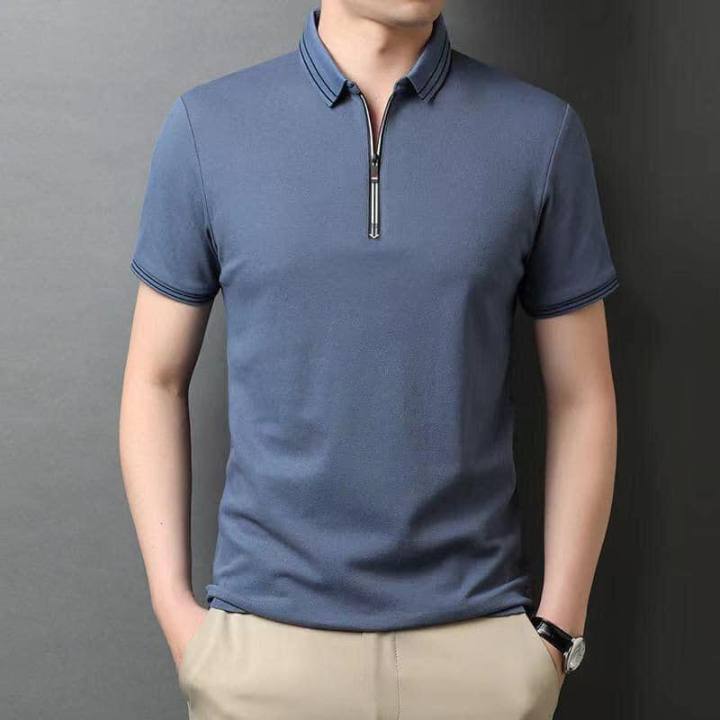 Solid Color Short Sleeve Men's Zipper Polo Shirt