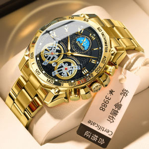 BINBOND นาฬิกาอเนกประสงค์สำหรับกันน้ำผู้ชายของแท้นาฬิกาข้อมือทองทูร์บิญองแบบคู่ปฏิทินสเตนเลส