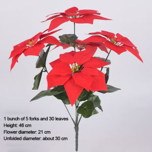 【1-3 Days Delivery】5/7 Heads Artificial Christmas Flowers Red Velvet Poinsettia Floral Bouquet Winter Holiday Indoor Outdoor for Christmas Wreath Tree Ornaments LILY