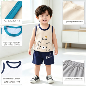 AILEBE Kids Sets Pure Cotton Sando Shorts Set Soft Delicate Skin-Friendly Summer Wear Thin Breathable Comfy Vest Set Cute Ribbed/Cartoon Print Style Pambahay OOTD For Baby Boys Girls 1-8 Years