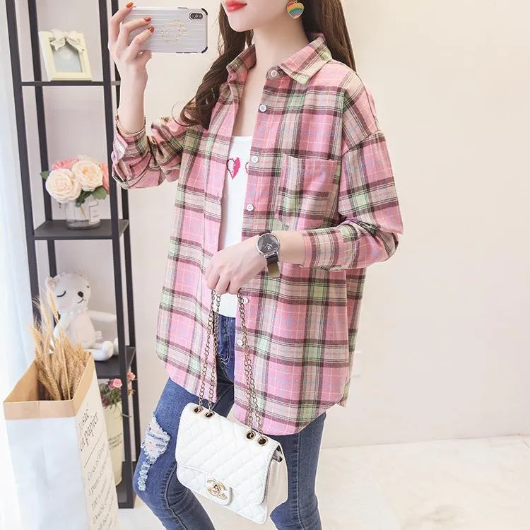 Korean version of the pink plaid long-sleeved sunscreen shirt women's – Lee  Nhi Boutique