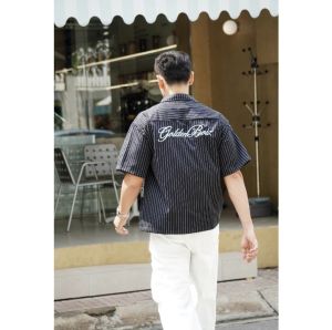 Áo Sơ Mi Kẻ Sọc Form ngắn thêu chữ GOLDEN BOIZ form boxy dáng rộng vải oxford dày dặn form rộng