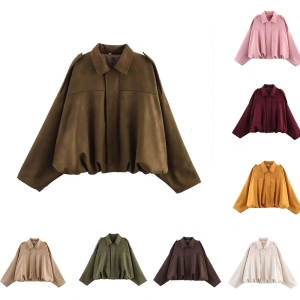 Womens Faux Suede Bomber Jacket Autumn Lapel Casual Oversized Long Sleeve Street Style Outerwear