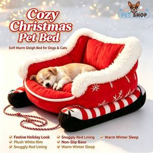 Cozy Christmas Sleigh Pet Bed Ultra-Soft Plush Warm Faux Fur Trim Pet Bed Christmas Decoration