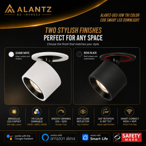 ALANTZ-663-10W WH/BK COB TRI COLOR SMART LED DOWNLIGHT BRIDGELUX LED CHIPSET Works with Smart-life App Google N Alexa