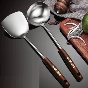 14 inch SUS304 Stainless Steel Wok Spatula & Ladle 2pcs/set Specialty Chinese Household Wok Utensil SetWith Heat Resistant Wooden Handle & Hanging Hole