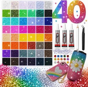 40000Pcs Resin Jelly Rhinestones for Bedazzling DIY Lovers 40 Colors 3mm Includes 3Pcs 10ml B7000 Glue DIY Bedazzle Kit for Nails Shoes Bags Diamond ArtFlatback Bulk Rhinestones for Crafts