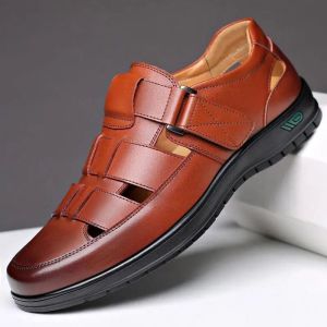 Free Shipping Special Offer On Leather Shoes: Summer Hollow-Out Leather Shoes MenS Casual Sandals Breathable Perforated Leather Sandals Suitable For Middle-Aged And Elderly Men