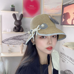 Summer straw hat women split Pearl bow retro sun hat folding sun beach hat fisherman hat
