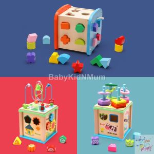 5 in 1 Leaning Wooden Activity Cube Bead Maze Shapes Sorter Tangram Drawing Board Educational Toys Kids Montessori Toys for Toddlers