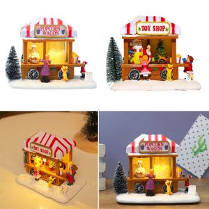 MKEB Resin Christmas Ornaments Santa Claus Popcorn Wagon Musical Village Scene Decor Kids Gift LED Lights Xmas Window Display Pendant