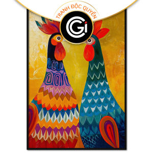 Tranh phong thủy đôi gà trống đại cát phong cách trang trí cách điệu hiện đạiTranh treo tường dán tường.CGI-885