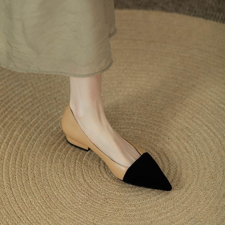 Women French retro soft leather 2cm low heel shoes pointed toe
