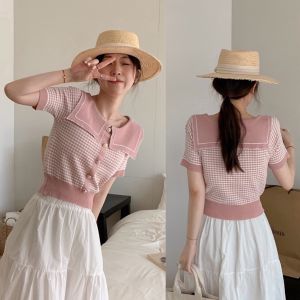 BL20771 Sailor Collar Short Sleeve Knit Top
